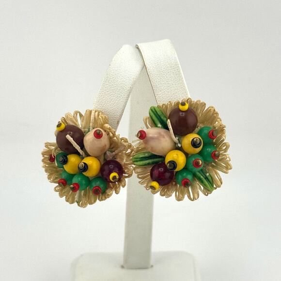 VTG Made In West Germany Burst Cluster Fruit Vegetable Flower Clip On Earrings - Picture 1 of 9